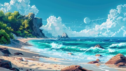 Whimsical Coastal Dream Captured in Illustration Wallpaper