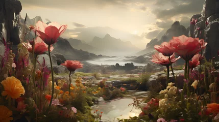 Foto op Plexiglas watercolor illustration, fantastic landscape with exotic flowers on the background of the sunrise in the mountains. © Анна Ілющенко