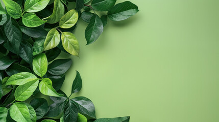 Eco-friendly background with fresh green leaves on a light green background with copy space for text.