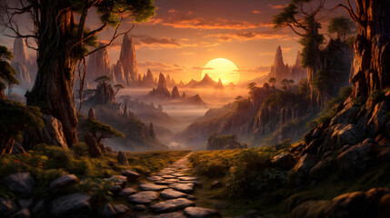 Rocky path through a forest at sunset. Sun behind tall mountains. Generative AI