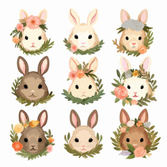 Flower Crown Bunnies Clipart isolated on white
