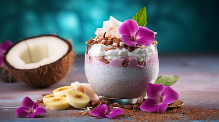 Close-up, coconut dessert with chia seeds, flakes, decorated with violet flowers on a turquoise background. Healthy eating concept