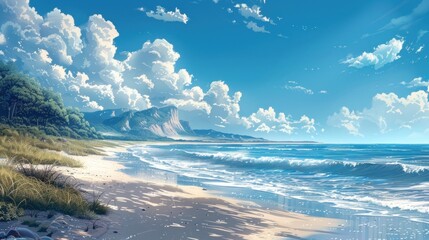 Illustration Portraying Tranquil Sea Shore Beauty Wallpaper