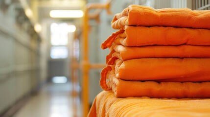 orange prisoner suits folded inside a day cell