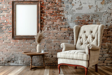 armchair next to brick wall and empty poster frame with copy space