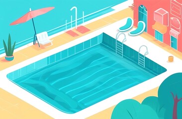 Illustration in a simple cute style: swimming pool and deck chairs, top and side view