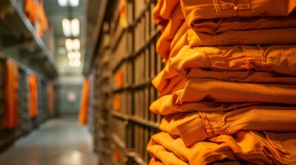 Obraz premium orange prisoner suits folded inside a day cell in high resolution