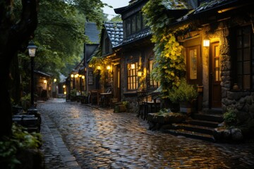 Fototapeta na wymiar Houses and trees lining a cobblestone street at night