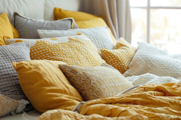 closeup of bed with yellow pillows and blanket