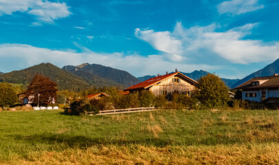 Obraz premium Autumn or indian summer view near Bad Wiessee, Lake Tegernsee, Miesbach, Bavaria, Germany