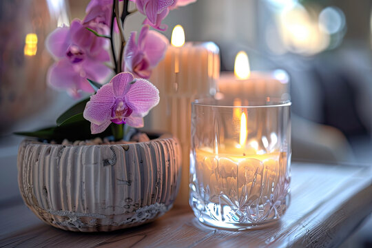 closeup of burning candle and pink orchid