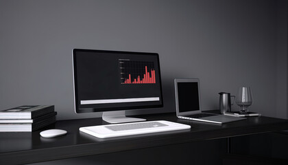 A computer desk with a laptop, a desktop computer, a keyboard, a mouse, a cup