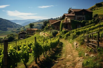 Vineyard planted near a house with mountains in the background