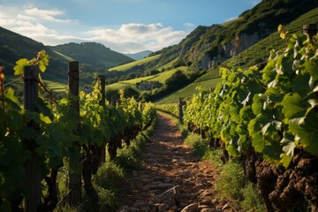Fototapeta na wymiar Path through vineyard with mountains as natural landscape backdrop