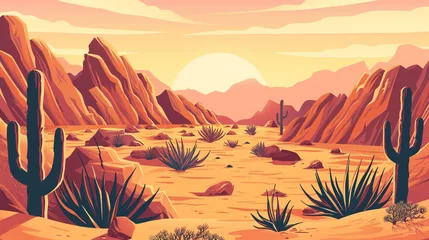 Plexiglas foto achterwand An illustration of a desert scene in America with a retro poster style. © Aisyaqilumar