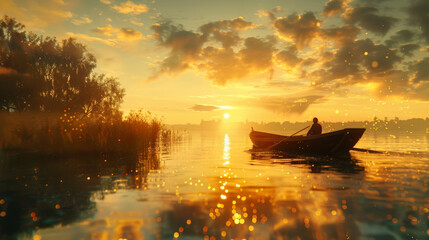 A serene rowboat silhouette against a shimmering sunset on a tranquil lake with golden light reflections