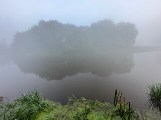 Treelined lake shrouded in fog, reflecting serene landscape in still water