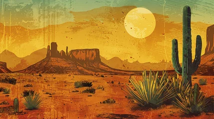 Schilderijen op glas An illustration of a desert scene in America with a retro poster style. © Aisyaqilumar
