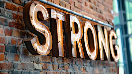 illuminated sign reading “STRONG,” affixed to urban brick wall, exuding modern yet industrial aesthetic.
