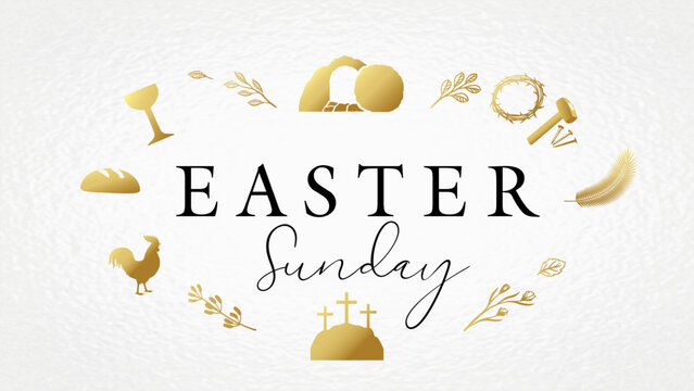 Invitation to the church service celebration of the Resurrection, Easter Sunday concept. Golden palm leaf, bread and bowl, cock, crown of thorns, hammer and nails, Calvary and open tomb. Vector card