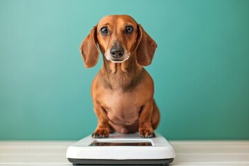 Dachshund dog on weighing scales with curious expression. Concept of pet health and weight management - obrazy, fototapety, plakaty