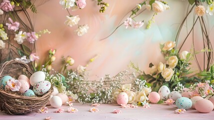 Pastel easter eggs in a nest with spring flowers on pink background. celebrate easter with aesthetic decor. perfect for festive designs. AI