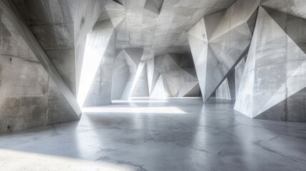 Geometric architecture empty building concrete floor with polygonal wall background. AI generated