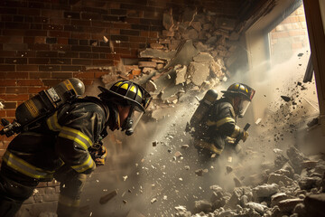Heroic firefighters in action - obrazy, fototapety, plakaty