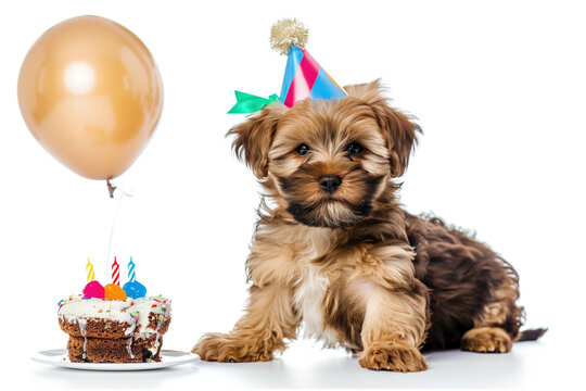 Puppy celebrating with birthday cake