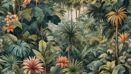 Obraz premium Retro wallpaper pattern showcasing a lush jungle landscape painted in soft watercolor hues.