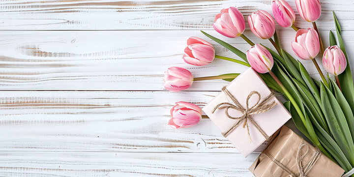 Happy Mother's Day background with pink tulips and gift box on a white wooden table, top view style.