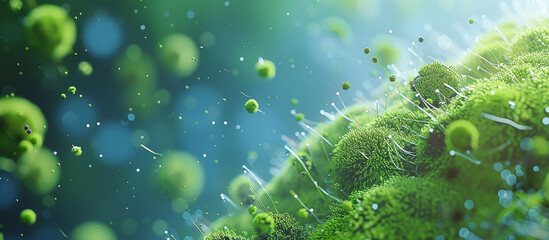 Green moss growing in the air with spore cells