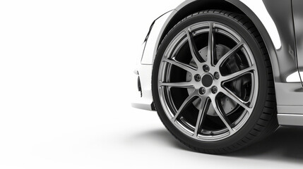 One car's wheel with aluminium rim, free space, copy space, isolated on white.
