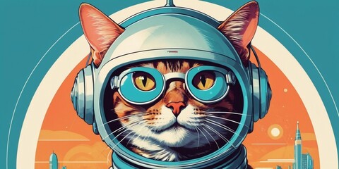 Cat astronaut in helmet and glasses. Retro style.