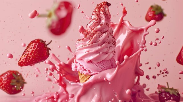Delicious strawberry ice cream cone explosion isolated white background. AI generated image
