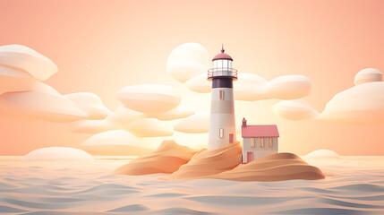 Pastel 3D Render of Lighthouse Amidst Gentle Waves Golden Hour