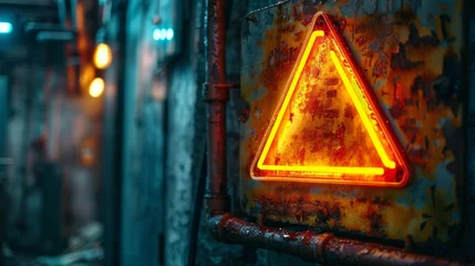 Deurstickers Emergency stop neon warning sign on rusty surface © PaulShlykov