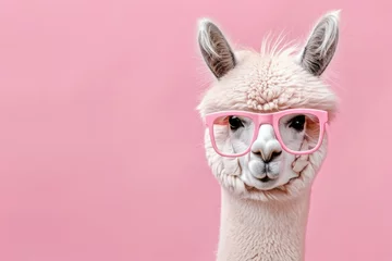 Poster photo portrait of an alpaca in pink glasses on a pastel pink background. There is empty space for text on the left © Al