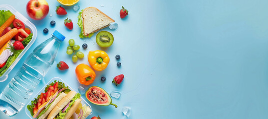 lunch box with sandwiches, fruits and vegetables, water bottle on blue background