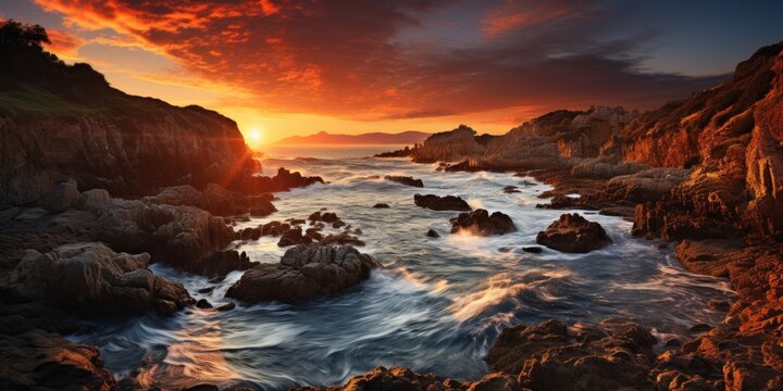 Dramatic sunset paints the sky over rocky shoreline, waves crashing on rocks