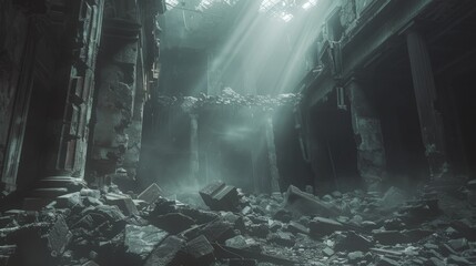 An evocative image of rubble-filled, decrepit ruins illuminated by rays of sunlight, invoking desolation and nature's reclamation - obrazy, fototapety, plakaty