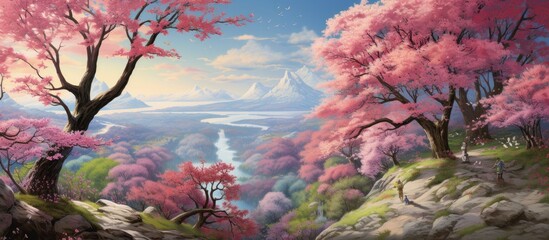 An exquisite painting depicting a natural landscape with cherry blossom trees and a river under a beautiful sky with fluffy cumulus clouds