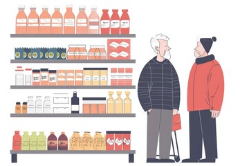 men makes a purchase in a supermarket store. high prices. Inflation. Discounts. illustration. men friends