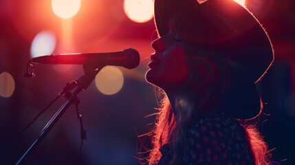 A silhouette of a female singer performing live on stage with a microphone under the concert...