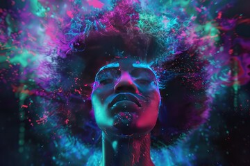 A stunning digital portrait of a Black woman showcasing a hyper-realistic afro hairstyle in vibrant colors against a dark futuristic backdrop - obrazy, fototapety, plakaty
