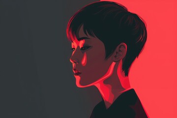 An elegant Asian woman with sharp features and short hair, adorned in futuristic cyberpunk fashion, stands amidst a vibrant cityscape of neon lights and glowing technology