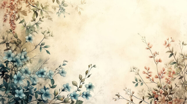 Boho light purple flower in watercolor style on beautiful vintage background in shabby chic style with copy space, minimalistic backdrop, retro wallpaper, background with boho flower, junk journal 	