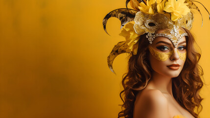 Venetian Carnival. Portrait of a beautiful woman in a carnival mask with a feather and flowers in her hair on a yellow isolated background with copy space. The concept of an image for a masquerade par - obrazy, fototapety, plakaty