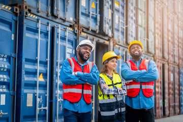 Portrait of Engineer or foreman team pointing up the future  with cargo container background at sunset. Logistics global import or export shipping industrial concept.