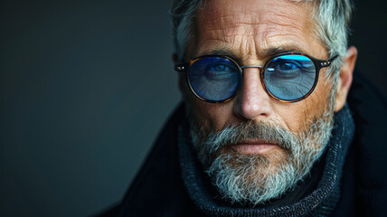Intense bearded man with blue reflections in his glasses, mysterious allure.